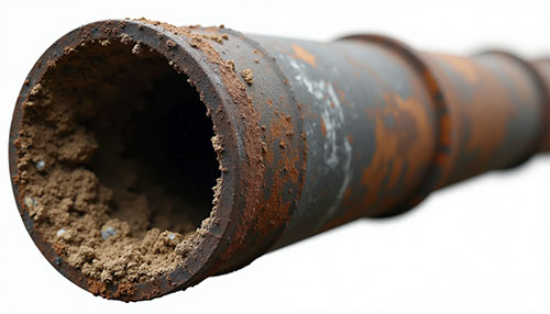 Old Metal Pipe Interior Shows Heavy Mineral Buildup And Rust. The Corroded Conduit Is Obstructed With Sediment And Dirt, Indicating Age And Decay.